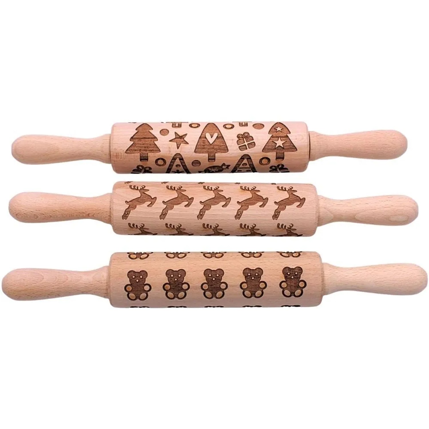 Dekohelden24 3er Set Holz Teigroller Spekulatiuswalze Plätzchenrolle Nudelholz mit Gravur Kindteigroller Nudelhölzer Made in EU L/B/H 33 x 5 x 5 cm