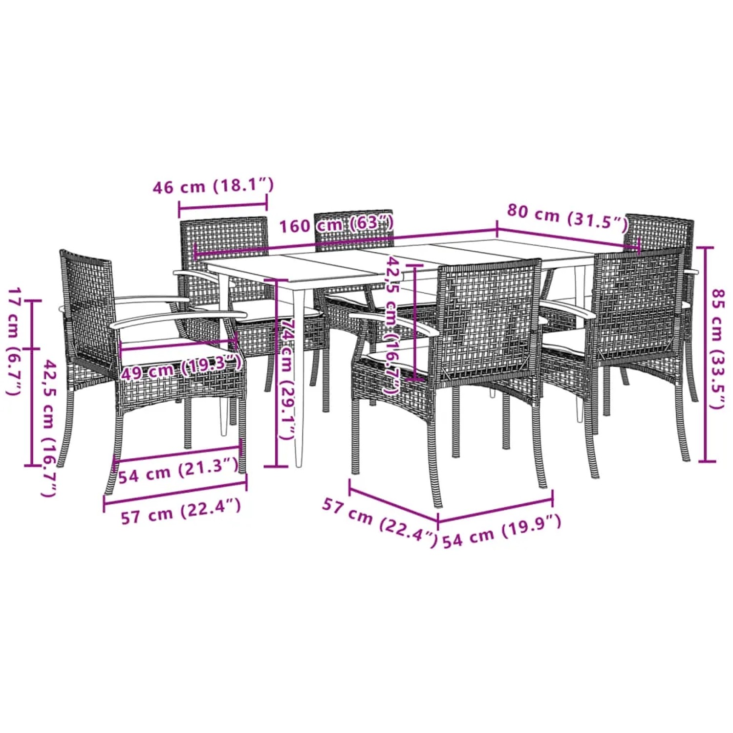 vidaXL 7-tlg. Garten-Essgruppe mit schwarzen Polyrattan-Stühlen und Tisch, inklusive Kissen.