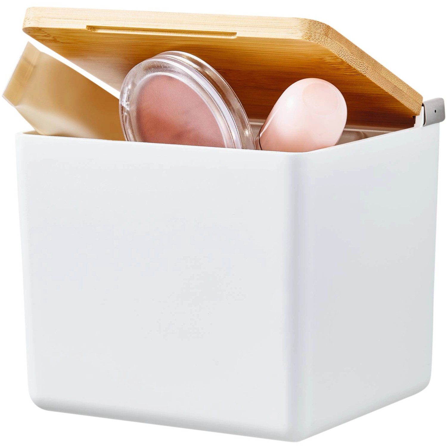 Weiße Tesa Baboo Aufbewahrungsbox Small mit Bambusdeckel, gefüllt mit Kosmetikartikeln.
