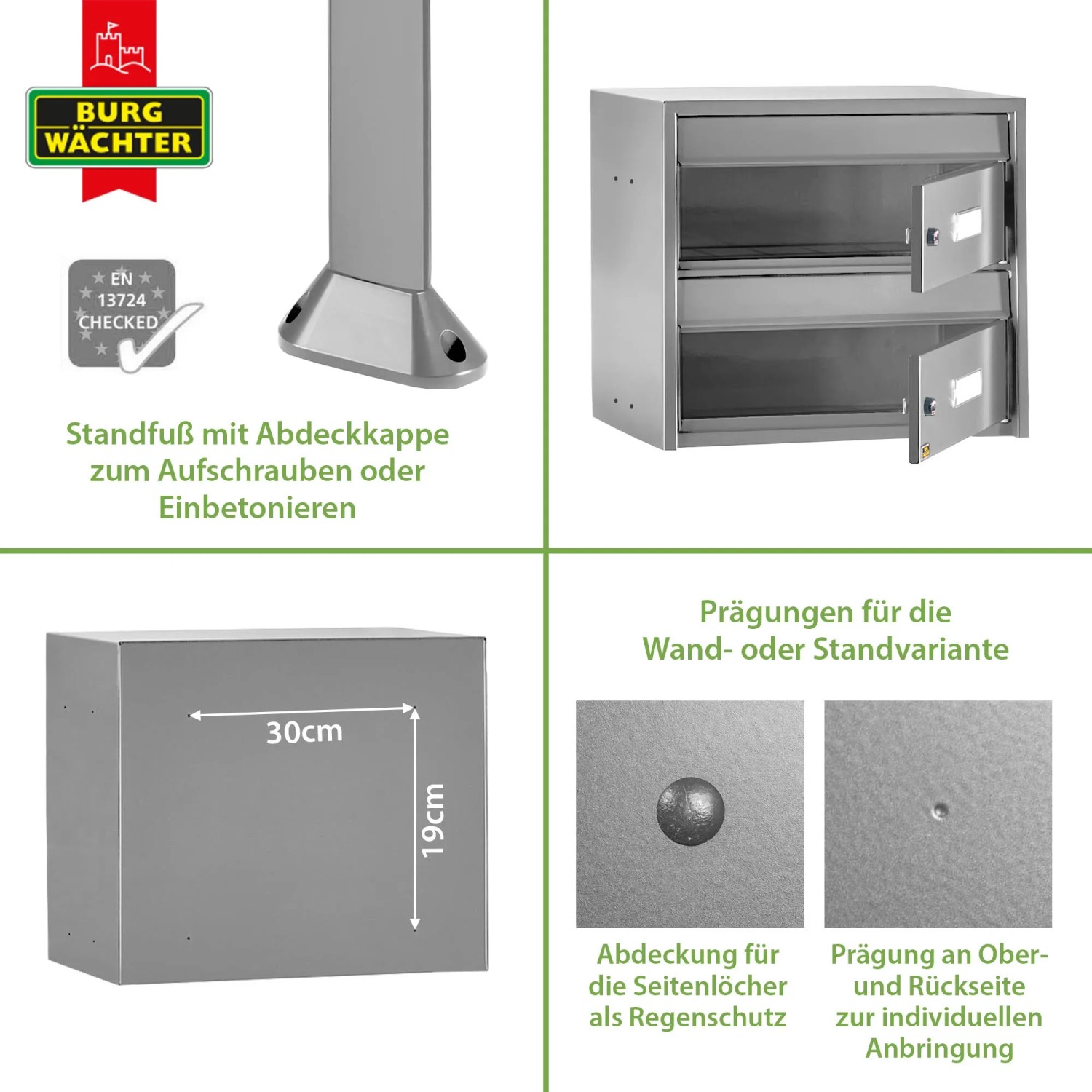 Burg Wächter Briefkastenanlage für 4 Parteien mit Standfuß aus Edelstahl, Details zu Montage und Maßen.