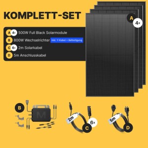 Solakon Balkonkraftwerk Komplettset: 4 schwarze Solarmodule, 800W Wechselrichter, Solar- & Anschlusskabel.