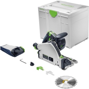 Festool Akku-Tauchsäge TSC55KSEB-Basic, weiß-grün, mit Sägeblatt, Staubbeutel, Zubehör und Systainer.