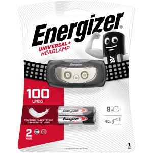 Energizer Universal+ Kopflampe mit 2 AAA Batterien, 100 Lumen, 2 Leuchtmodi.