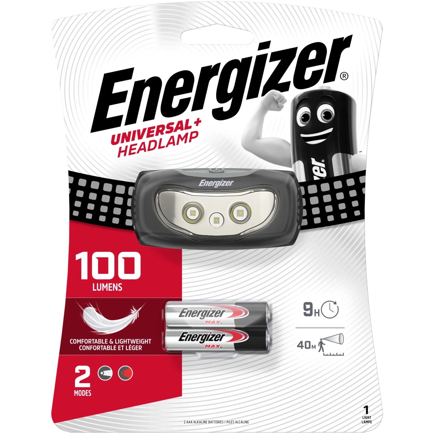 Energizer Universal+ Kopflampe mit 2 AAA Batterien, 100 Lumen, 2 Leuchtmodi.