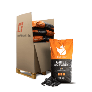 Heizfuxx Grillholzkohle Gastro-Qualität, 12x10kg Säcke auf Palette. Orange-schwarze Beutel, lose Holzkohle.