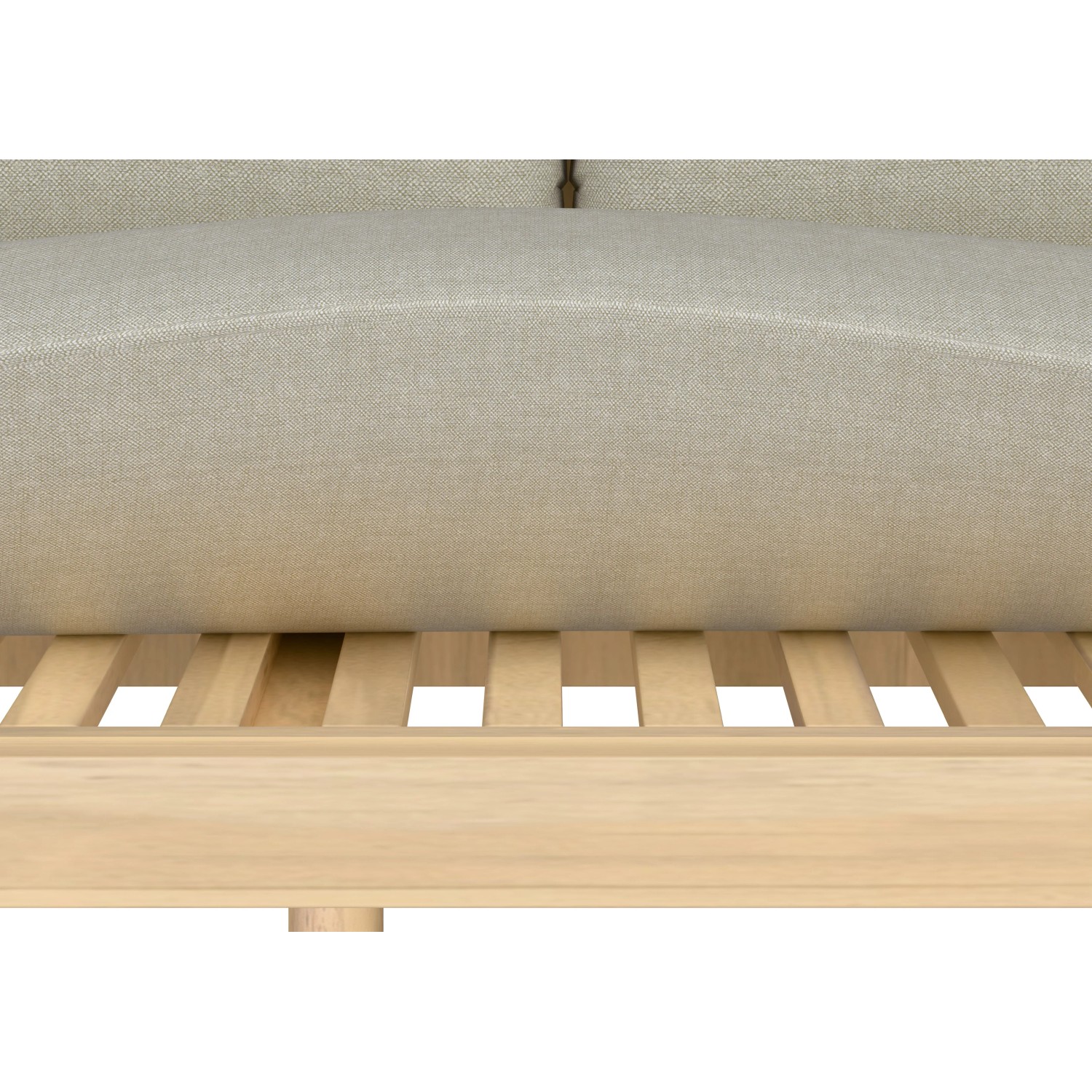 Detailaufnahme: Beige Kissen auf Akazienholz-Rahmen der modularen Gartenlounge Waldport.