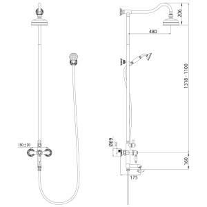 Skizze: PaulGurkes Nostalgie Duschsystem Aufputz mit Kopf- und Handbrause, Maße.
