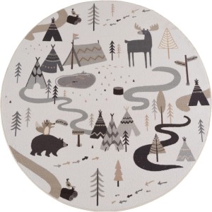 Runder Ayyildiz Kinderteppich Coco mit Wald-Motiv in Creme, Ø 120 cm.