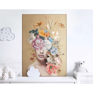 Gerahmtes Bild: Frau mit Blumen, 70x50 cm, mehrfarbig. Dekorative Wandkunst für Wohnzimmer.