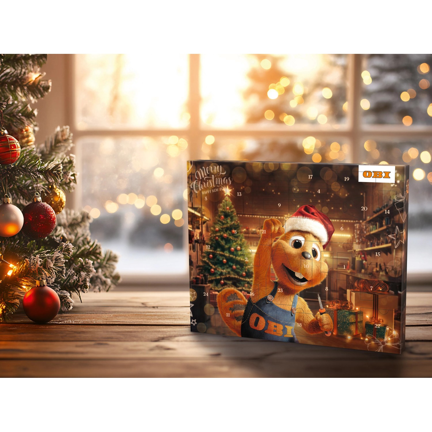 OBI Werkzeug-Adventskalender mit Werkzeug-Set Motiv vor weihnachtlichem Hintergrund.