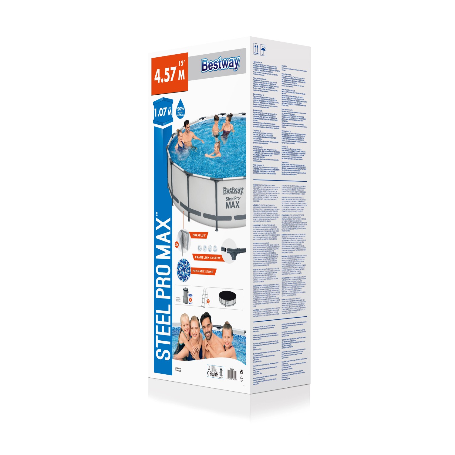 Verpackung des Bestway Stahlrahmen-Pool Sets Steel Pro Max, Ø 457x107 cm, lichtgrau, mit Zubehör.