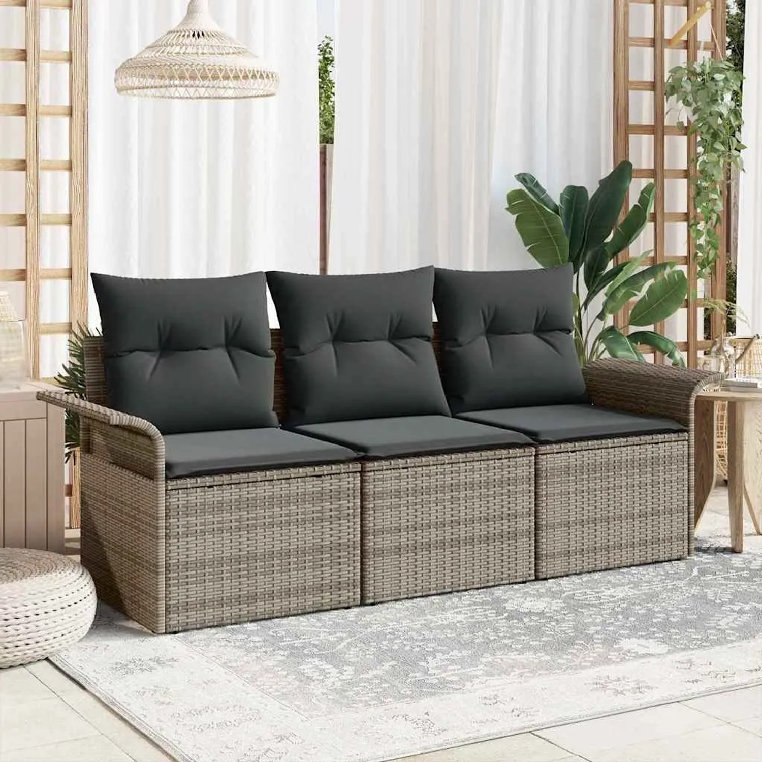 Graues 3-tlg. vidaXL Garten-Sofa-Set aus Poly Rattan mit Kissen und Stauraum.
