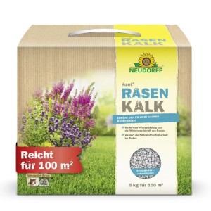 Verpackung Neudorff Azet Rasen-Kalk 5kg: Rasenkalk zur Bodenverbesserung und Moosvorbeugung für grünen Rasen.