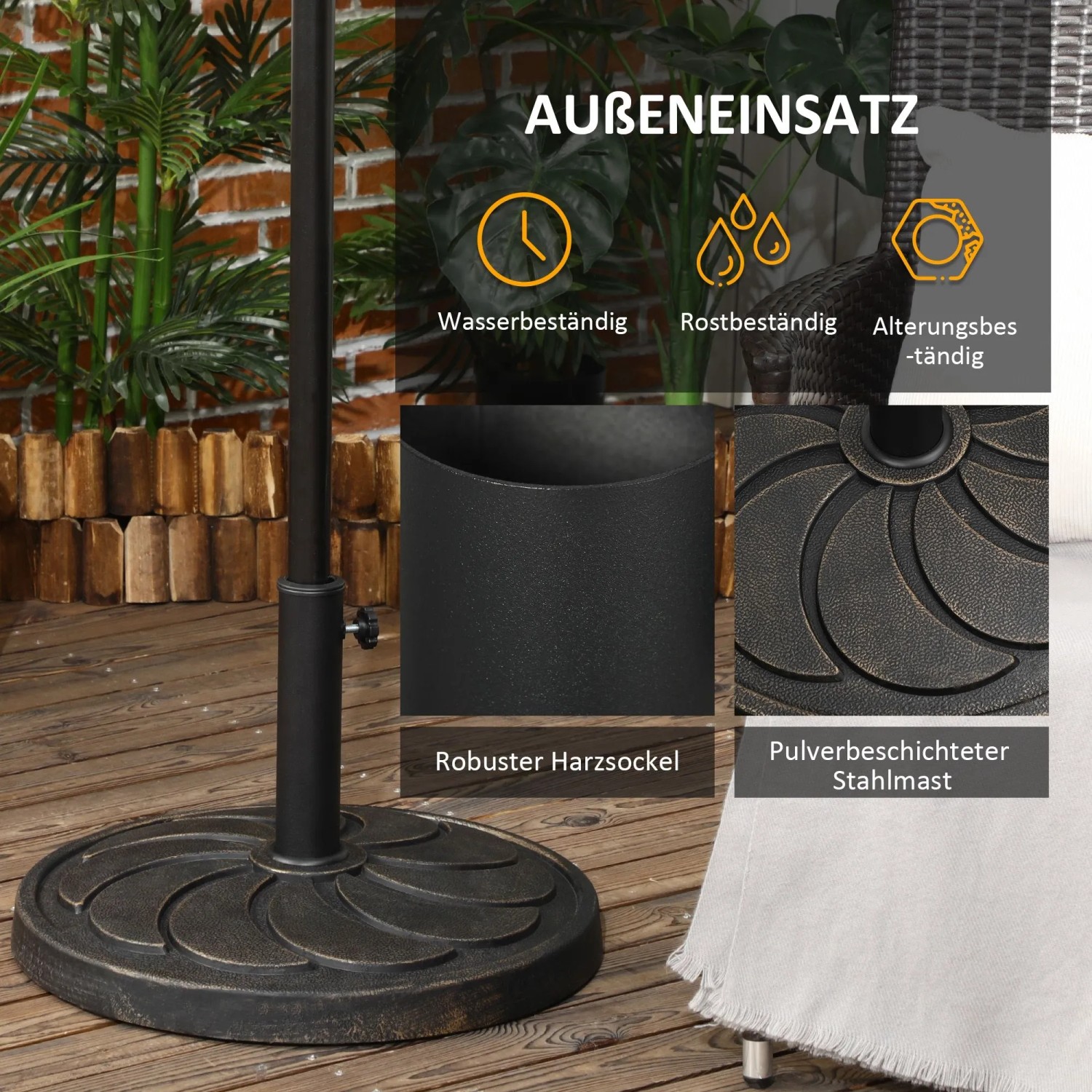 Furnicato Sonnenschirmständer, wetterbeständig, Ø53cm, schwarz. Schirmhalter für Garten und Terrasse.