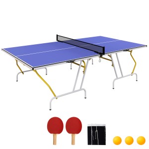 Blaue SPORTNOW Tischtennisplatte aus MDF mit Stahlgestell, inklusive Zubehör.