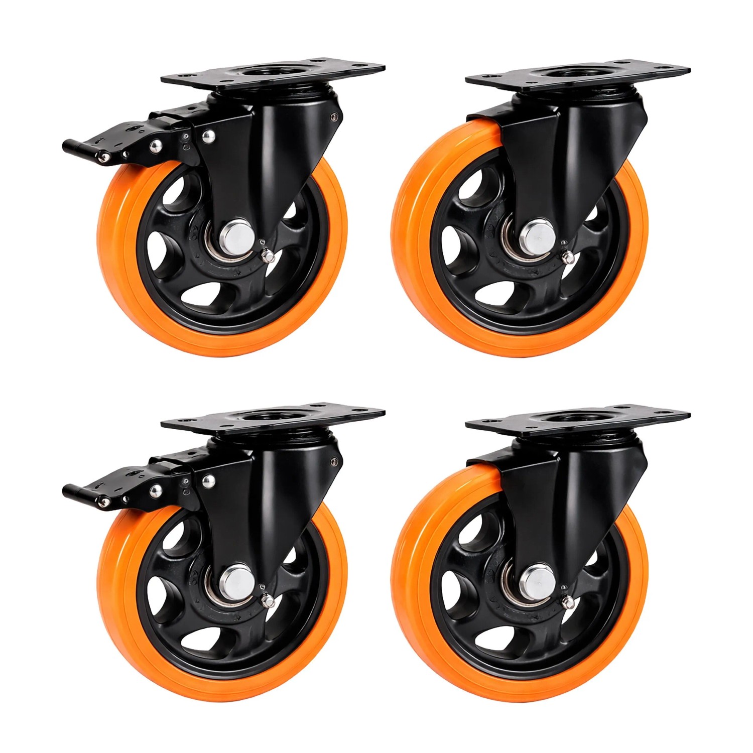 Relaxdays Lenkrollen 4er Set Stahl Kunststoff Schwarz Orange mit Bremse 125 mm