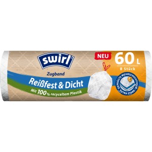 Swirl Zugband-Müllbeutel, 60 l, 8 Stück, reißfest und dicht, aus 100% recyceltem Plastik.