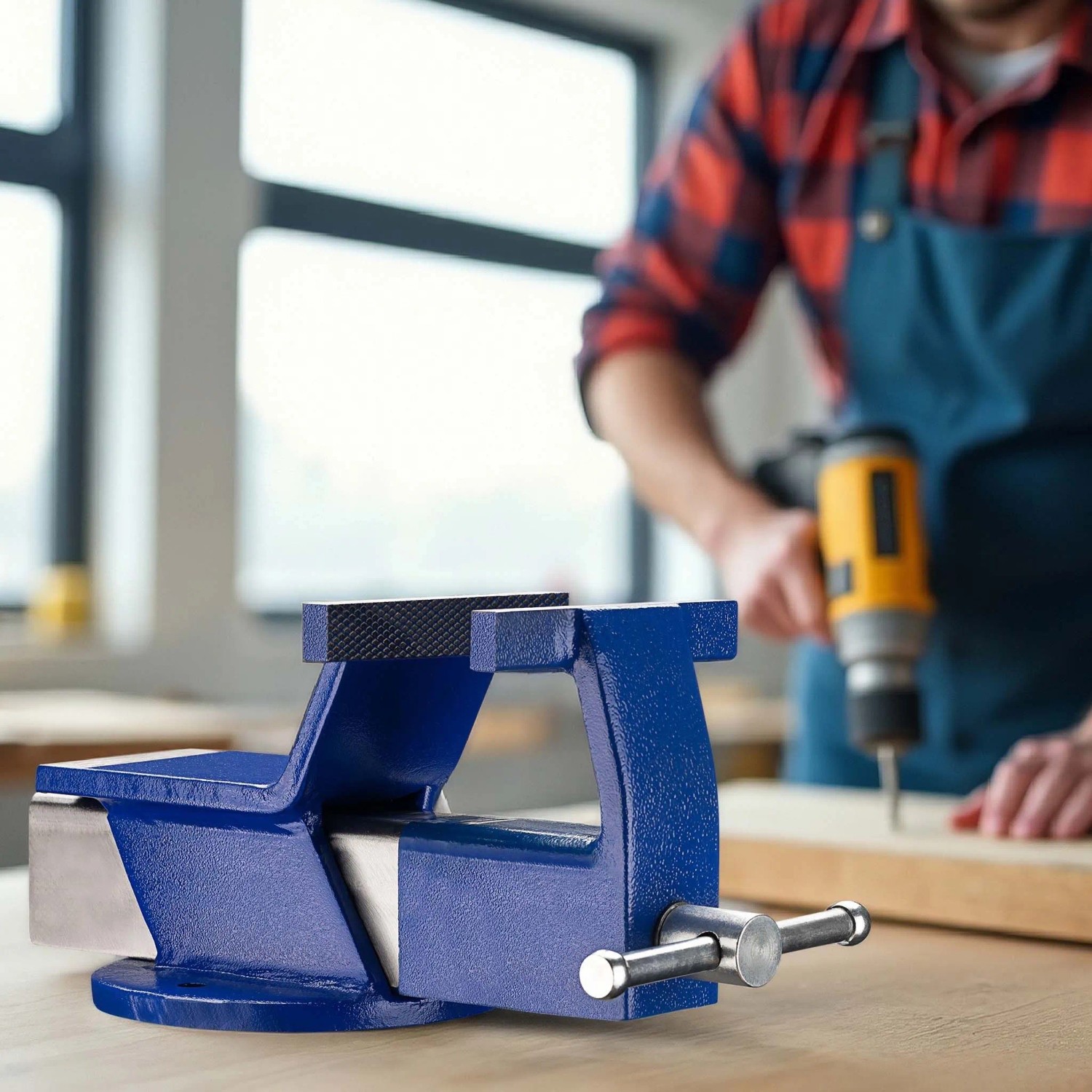 Blauer Wiltec Parallelschraubstock mit 125mm Klemmbacken auf Holzwerkbank. Handwerker bohrt Holz im Hintergrund.