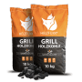 Zwei orange-schwarze Heizfuxx Grillholzkohle Säcke (je 10kg) mit Hartholz-Kohlebrocken. Gastro-Qualität Brennstoffe.