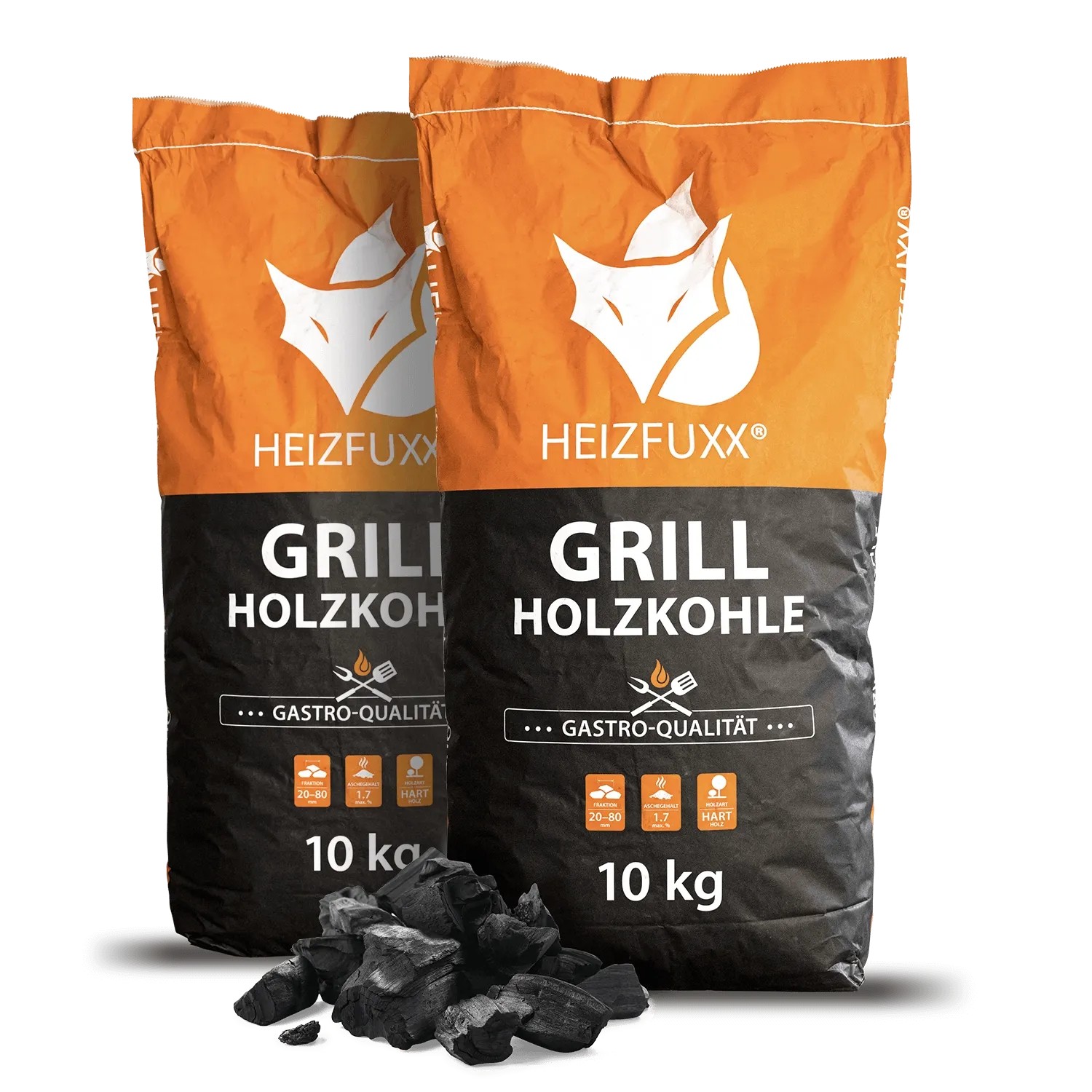 Zwei orange-schwarze Heizfuxx Grillholzkohle Säcke (je 10kg) mit Hartholz-Kohlebrocken. Gastro-Qualität Brennstoffe.