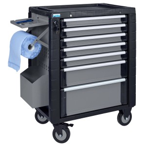 Küpper Werkstattwagen Modell 12780, hellgrau, mit 7 Schubladen, Papierrollenhalter und Ablage.