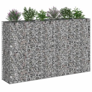 vidaXL Gabionen Hochbeet, 3er Set, silberfarben, 250x50x150 cm, befüllt mit Steinen und bepflanzt.