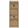 Schmaler Badschrank Artisan-Eiche aus Holzwerkstoff mit zwei Schubladen und Rollen für Stauraum.
