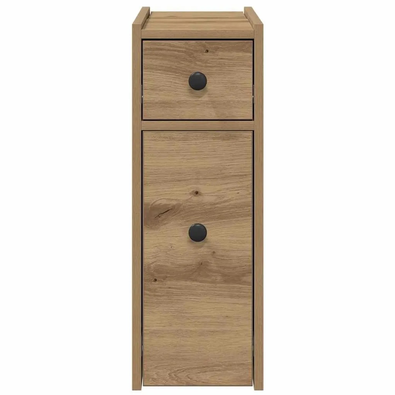 Schmaler Badschrank Artisan-Eiche aus Holzwerkstoff mit zwei Schubladen und Rollen für Stauraum.