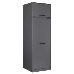 Anthrazitfarbener Inter Link Mehrzweckschrank Studio Flow. Hoher Schrank mit zwei Türen und schwarzen Griffen.
