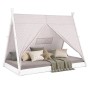 Weißes Homestyle4u Tipi Kinderbett 90x200 cm mit grauem Zeltstoff, Sternenmuster und bodentiefer Liegefläche.
