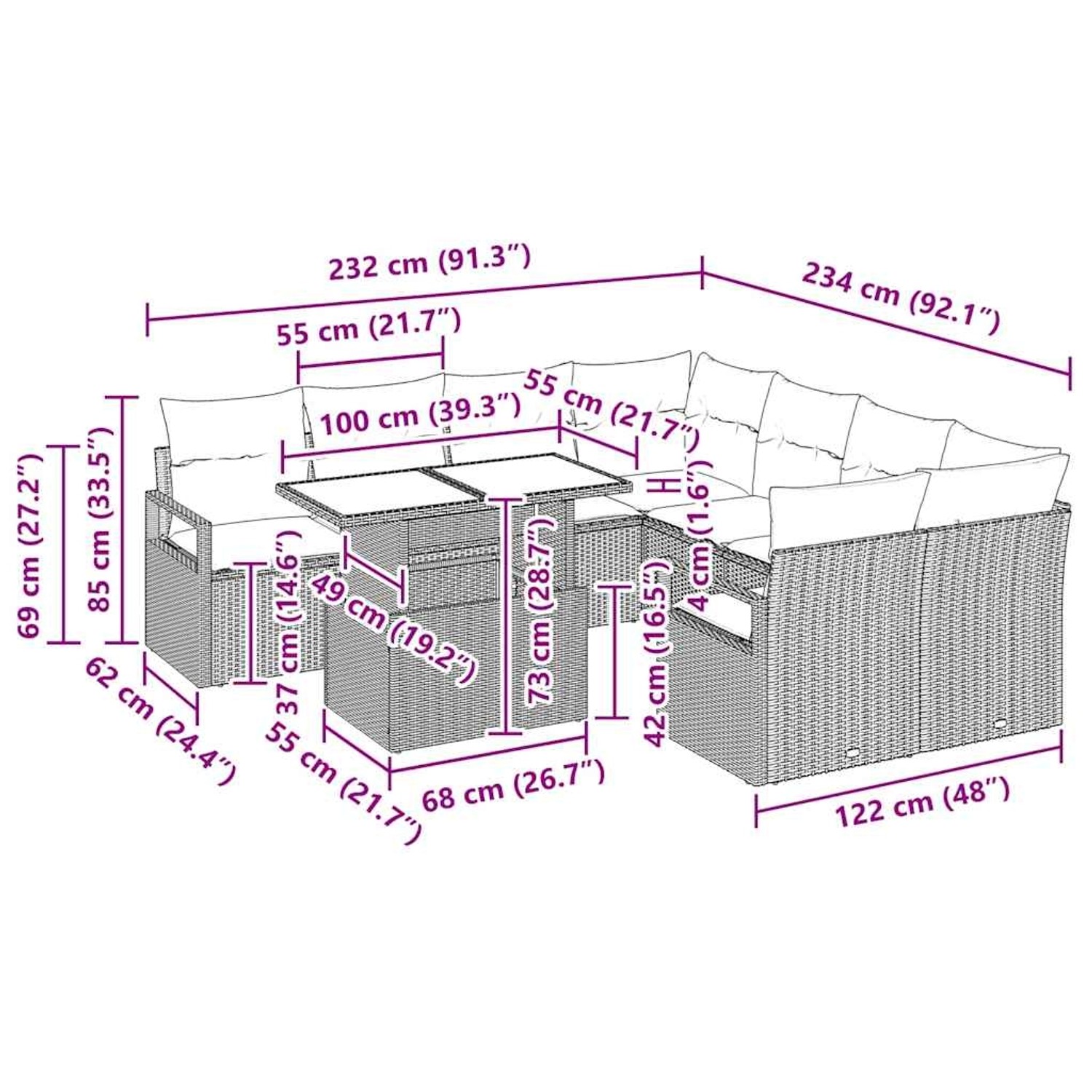 Beiges 9-teiliges vidaXL Garten-Sofa-Set aus Poly Rattan mit Kissen.