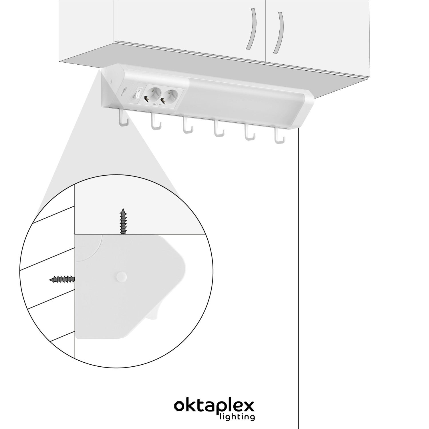 Oktaplex LED Unterbauleuchte 50cm mit Steckdose und Haken, Montage unter Küchenschrank.