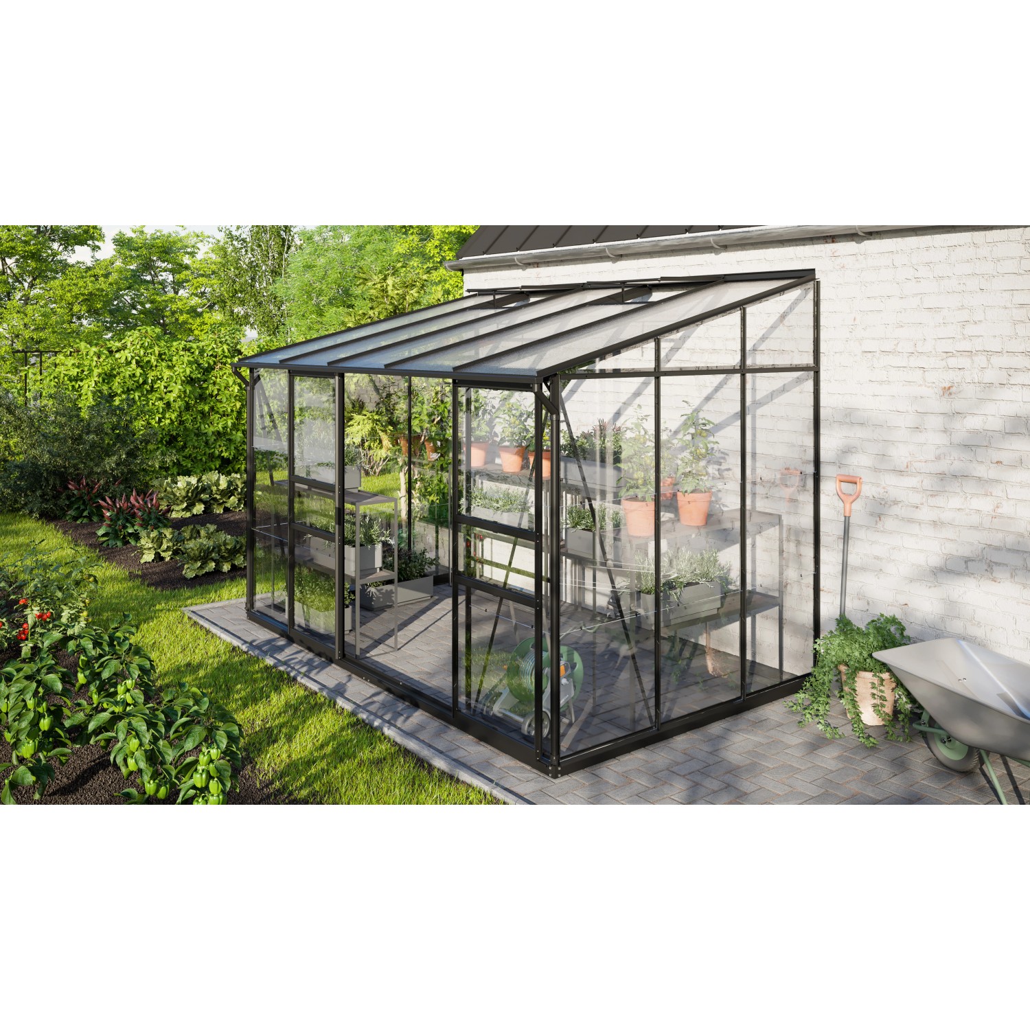 Vitavia Gewächshaus Ida 6500, schwarzes Anlehngewächshaus mit 6,5 m² Fläche im Garten.