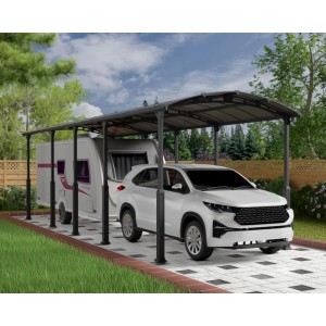 Canopia Carport Arcadia Alpine 10600, anthrazit, mit Auto und Wohnwagen untergestellt.