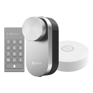 Ezviz Smart-Türschloss-Set in Silber: Smartes Schloss, Tastenfeld und Home-Gateway für Kameraüberwachung.