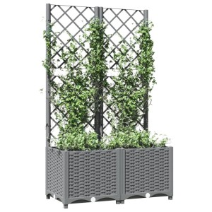 Hellgrauer vidaXL Pflanzkübel mit Rankgitter, 80x40x136 cm, bepflanzt mit Grünpflanzen.