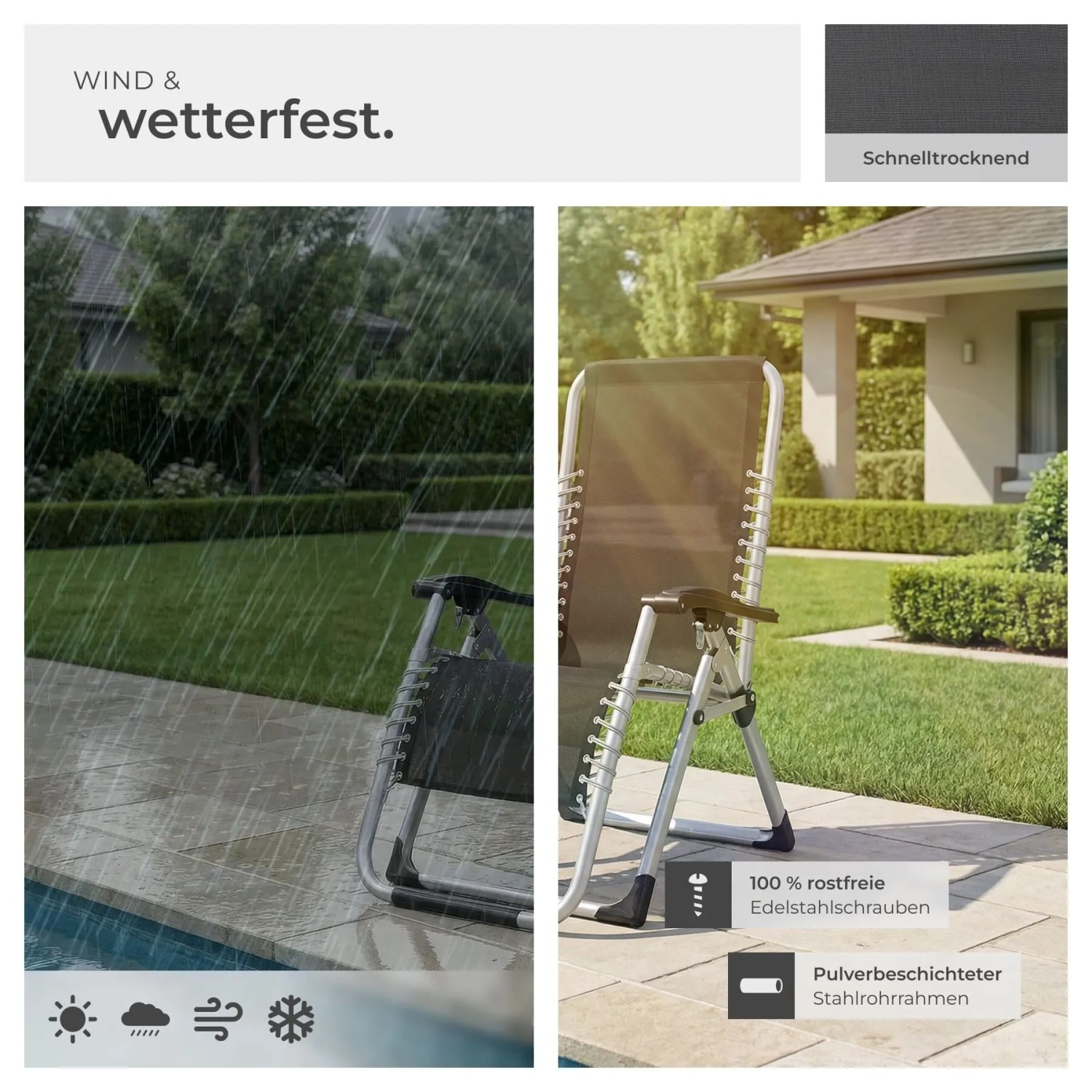 Schwarze Tectake Sonnenliege, wetterfest und schnelltrocknend, mit pulverbeschichtetem Stahlrahmen im Garten.