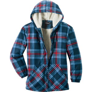 Scheibler Thermojacke Calgary in Navy-Blau-Rot-Kariert mit Kapuze und flauschigem Innenfutter.