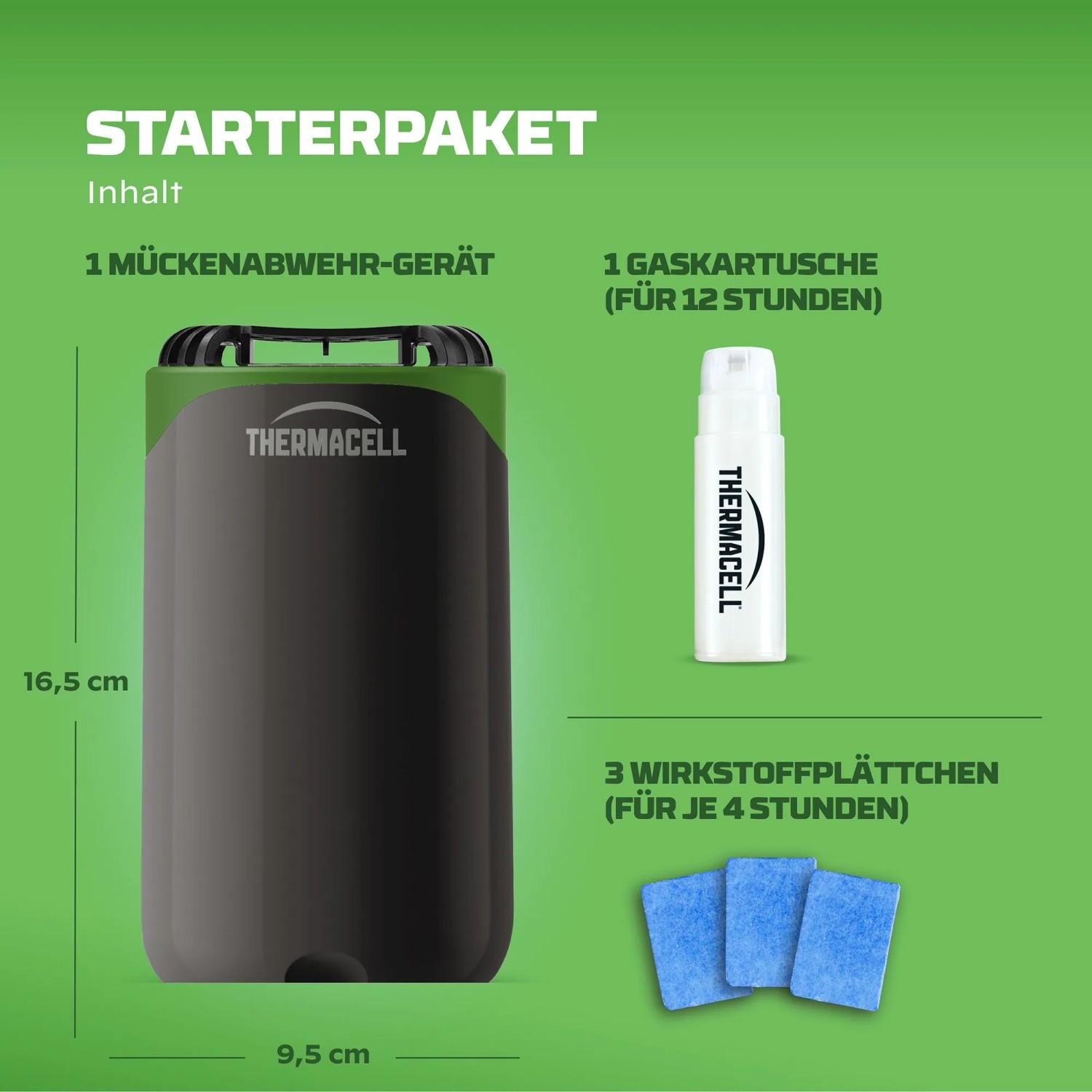 Thermacell Mückenabwehr Protect Starterset: Gerät, Gaskartusche und 3 Wirkstoffplättchen.