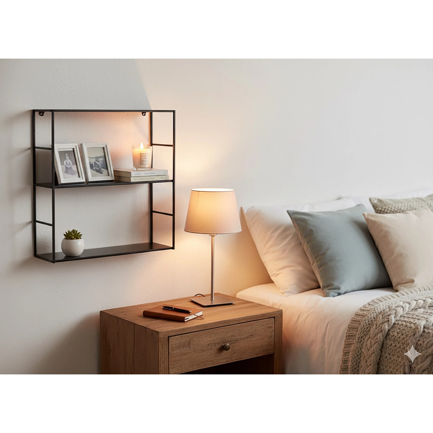Schwebendes, schwarzes Metall-Regal Pinnock, 60x60x20 cm, mit Deko an Schlafzimmerwand.