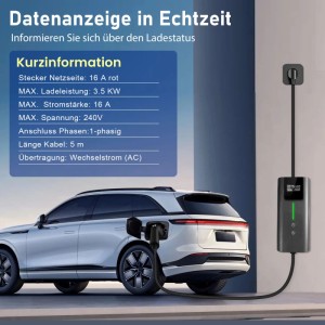 JUNSUN mobiles EV Ladegerät Typ 2, 3.5kW, 16A, 5m Kabel, mit digitalem LCD-Display beim Laden eines Autos.