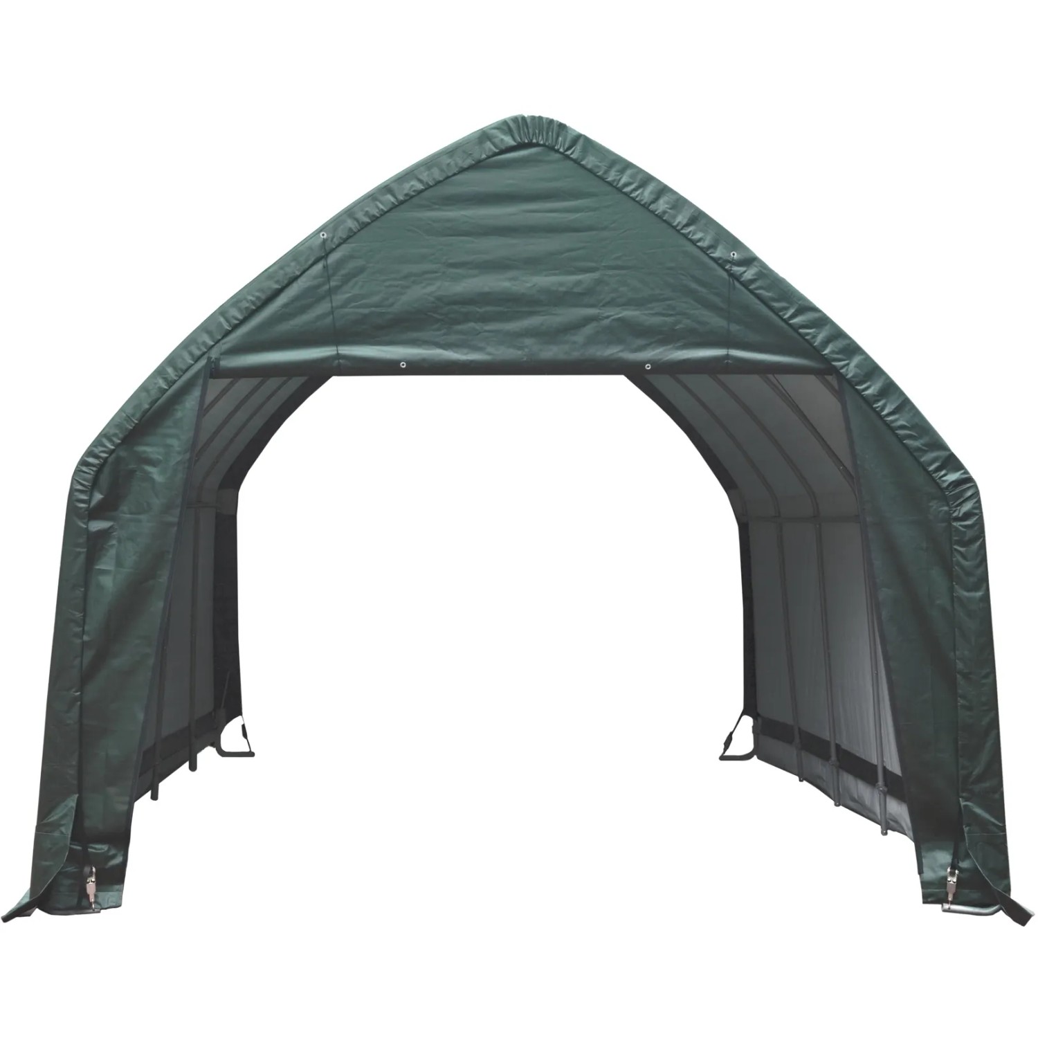 Grüne ShelterLogic Garage (23,8m²) mit Stahlgestell, ideal für Autos und Gartengeräte.