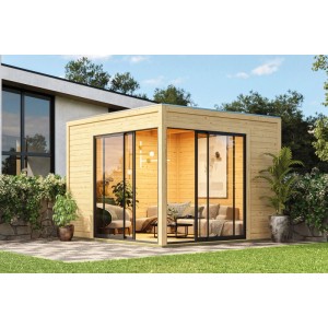 Modernes Karibu Gartenhaus Dillen 3 aus Naturholz mit großen Glasschiebetüren, als gemütliche Gartenlounge.
