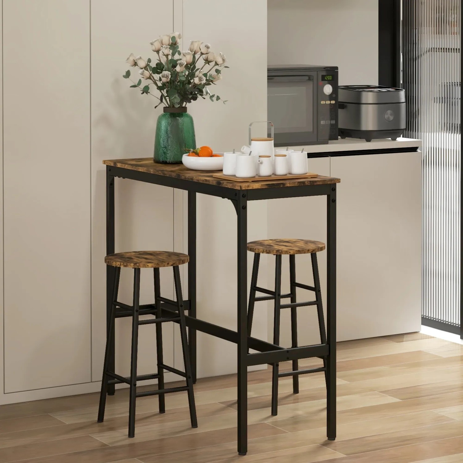 HOMCOM Bartisch-Set, 3-teilig im Industrie-Design mit Tisch und zwei Barhockern in Rustikal-Braun.