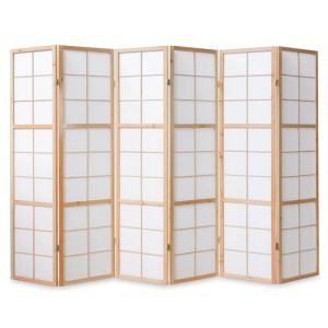 6-teiliger Homestyle4u Paravent Shoji aus hellem Holz mit weißen Reispapier-Paneelen als Raumteiler.