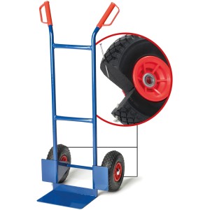 Blaue Sackkarre Junior mit PU-Rädern und rotem Griff. Detailaufnahme des PU-Rads.