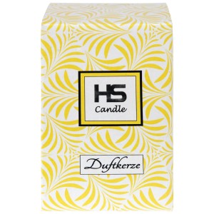 HS Candle Duftkerze Weihnachten Creme Bonbon im dekorativen, gelb gemusterten Karton.