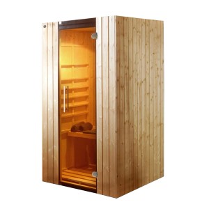 Weka Infrarotkabine Ranua 1 mit Glasfront und Holzverkleidung. Inklusive wekaTherm-Flächenstrahler.