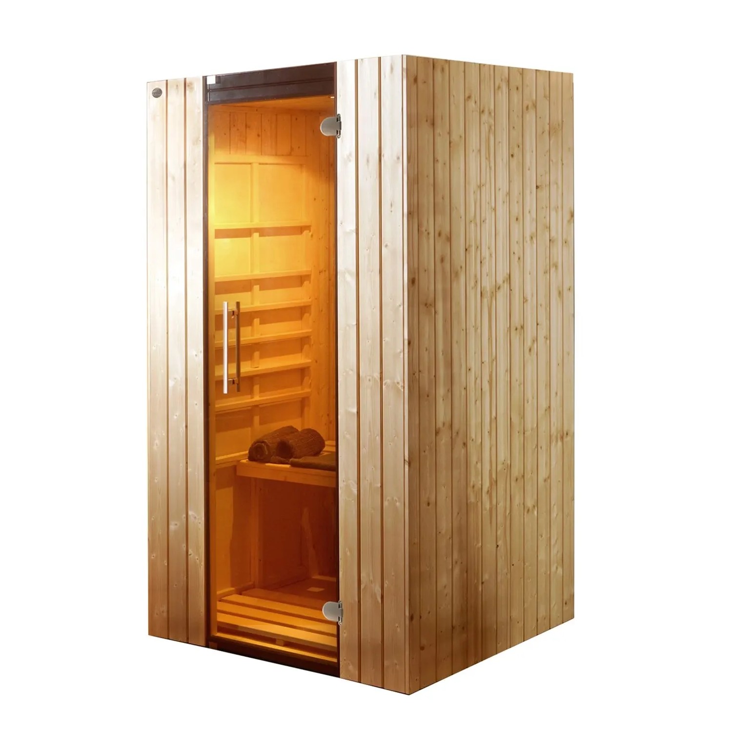 Weka Infrarotkabine Ranua 1 mit Glasfront und Holzverkleidung. Inklusive wekaTherm-Flächenstrahler.