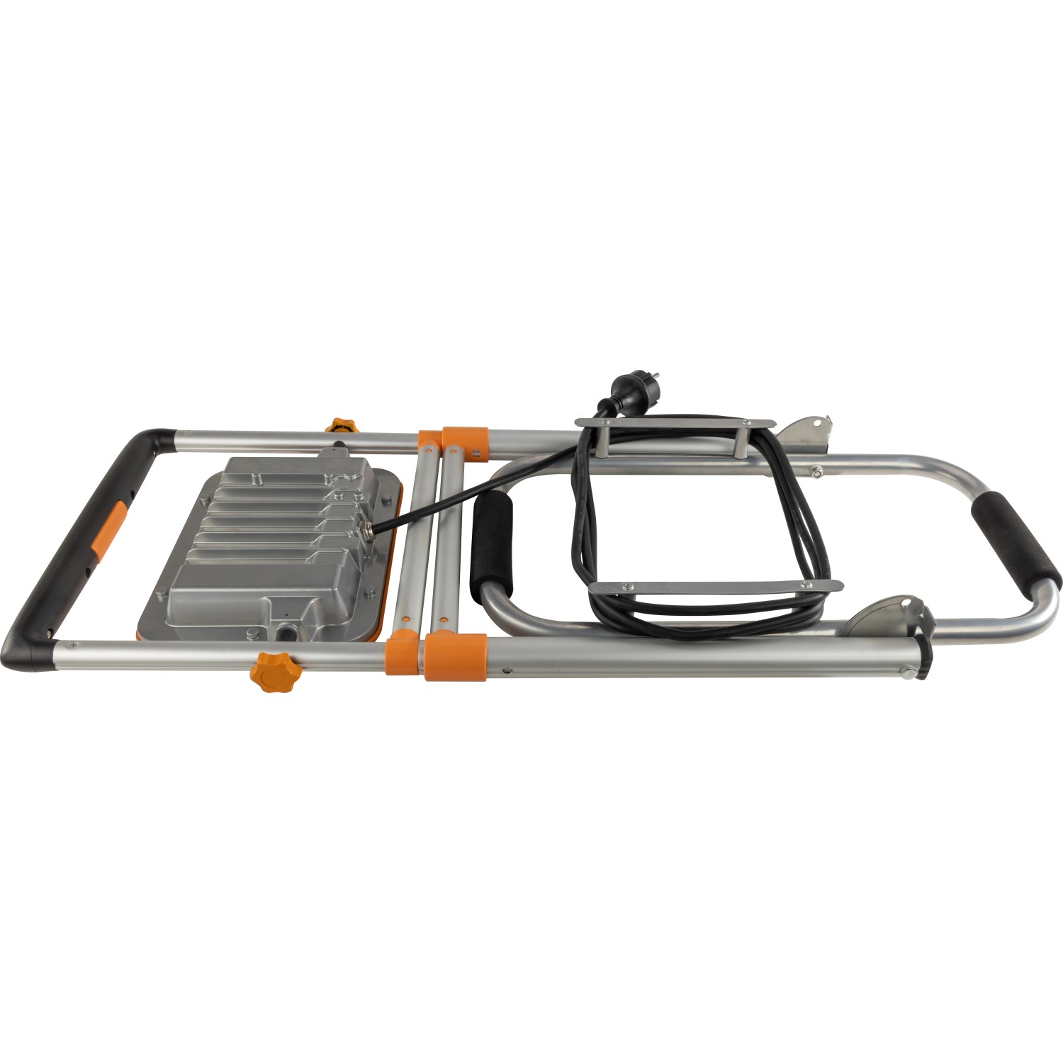 Zusammengeklappte, höhenverstellbare REV Ritter LED-Arbeitsleuchte LIFT 50W in Grau-Orange.